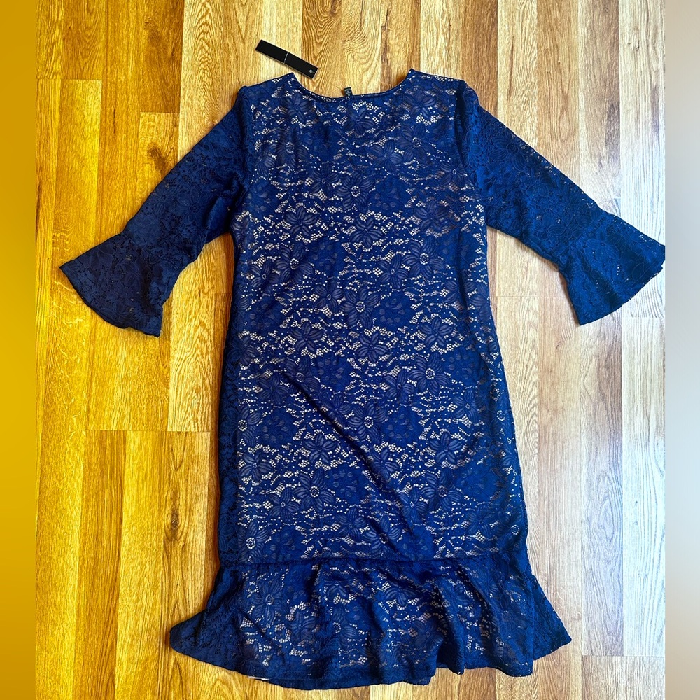 NWT Ellen Weaver ladies Navy Lace Flounce Hem dress size medium or 8 10 - Picture 5 of 6